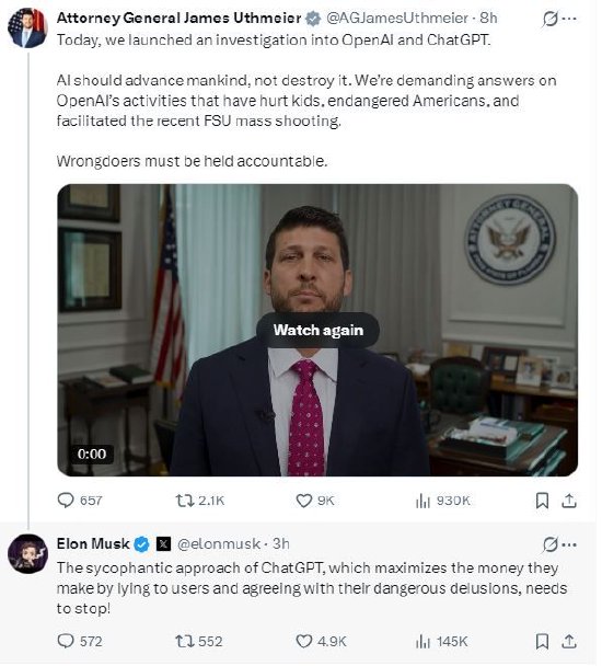 美国佛州总检察长宣布调查OpenAI,马斯克回应